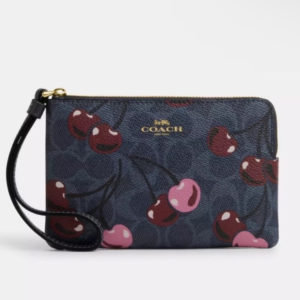 Coach Blue and Pink Signature Cherry Corner Zip Denim Wristlet NWT - Picture 1 of 7